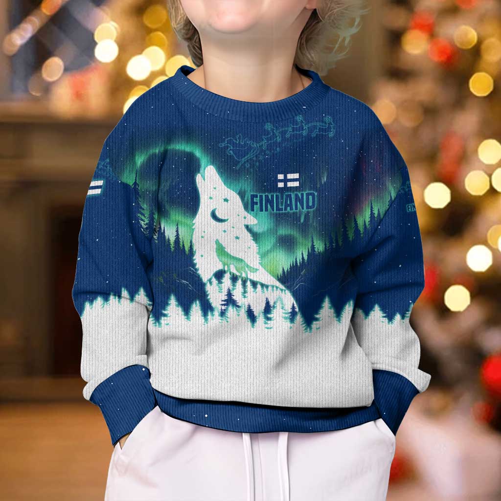 Finland Christmas Kid Ugly Christmas Sweater with Howling Wolf Northern Lights Forest and Snow Design - Wonder Print Shop