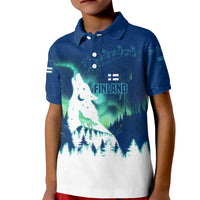 Finland Christmas Kid Polo Shirt with Howling Wolf Northern Lights Forest and Snow Design - Wonder Print Shop