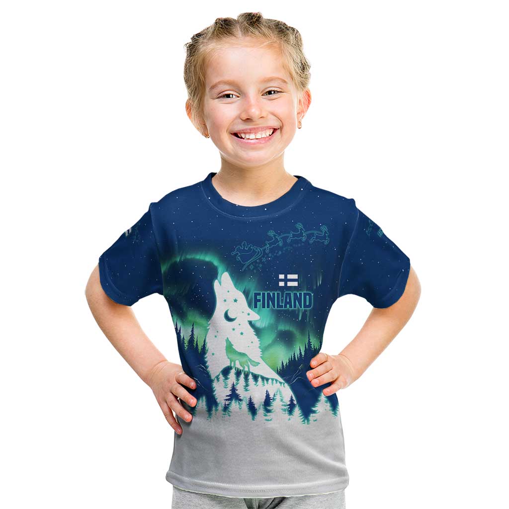 Finland Christmas Kid T Shirt with Howling Wolf Northern Lights Forest and Snow Design - Wonder Print Shop