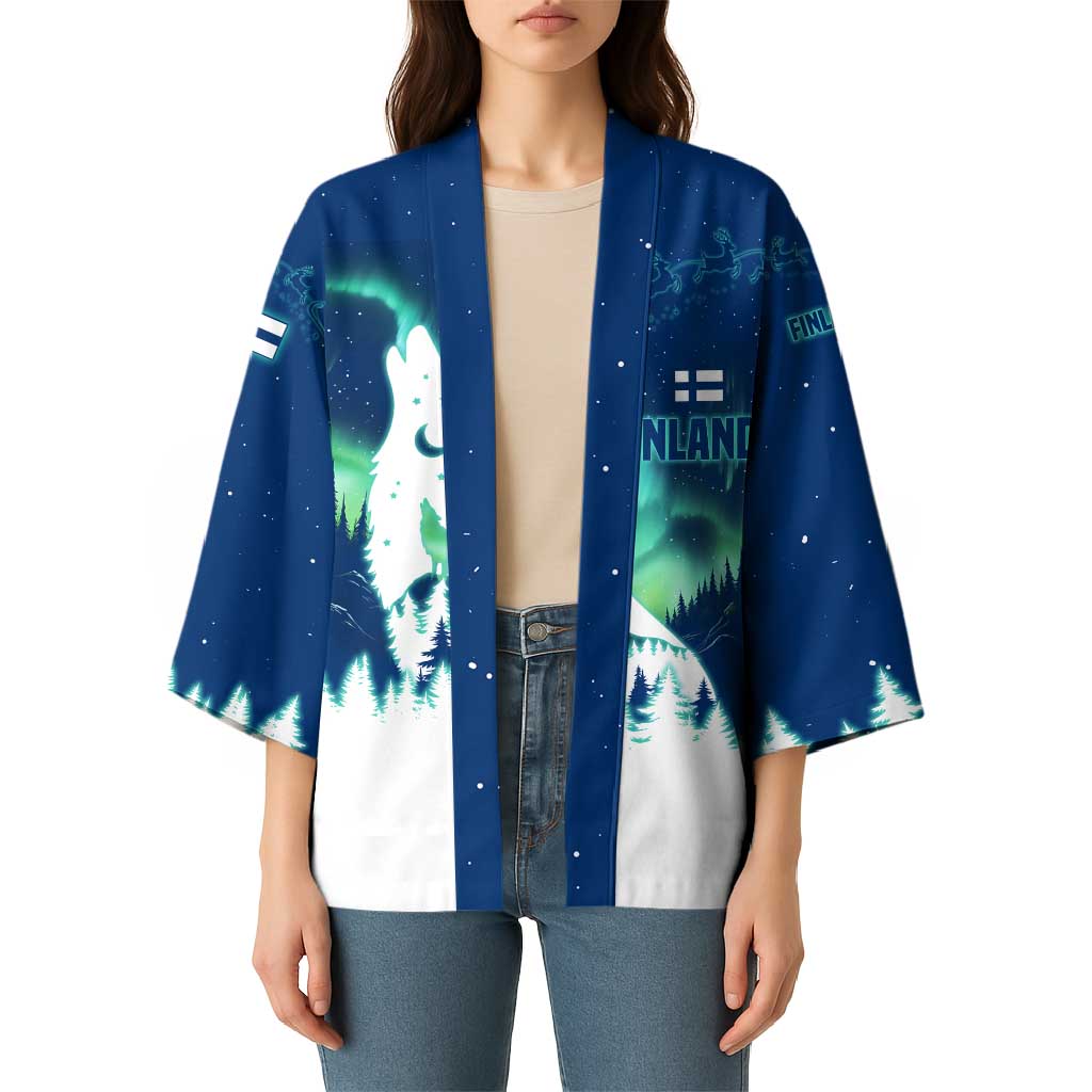 Finland Christmas Kimono with Howling Wolf Northern Lights Forest and Snow Design - Wonder Print Shop