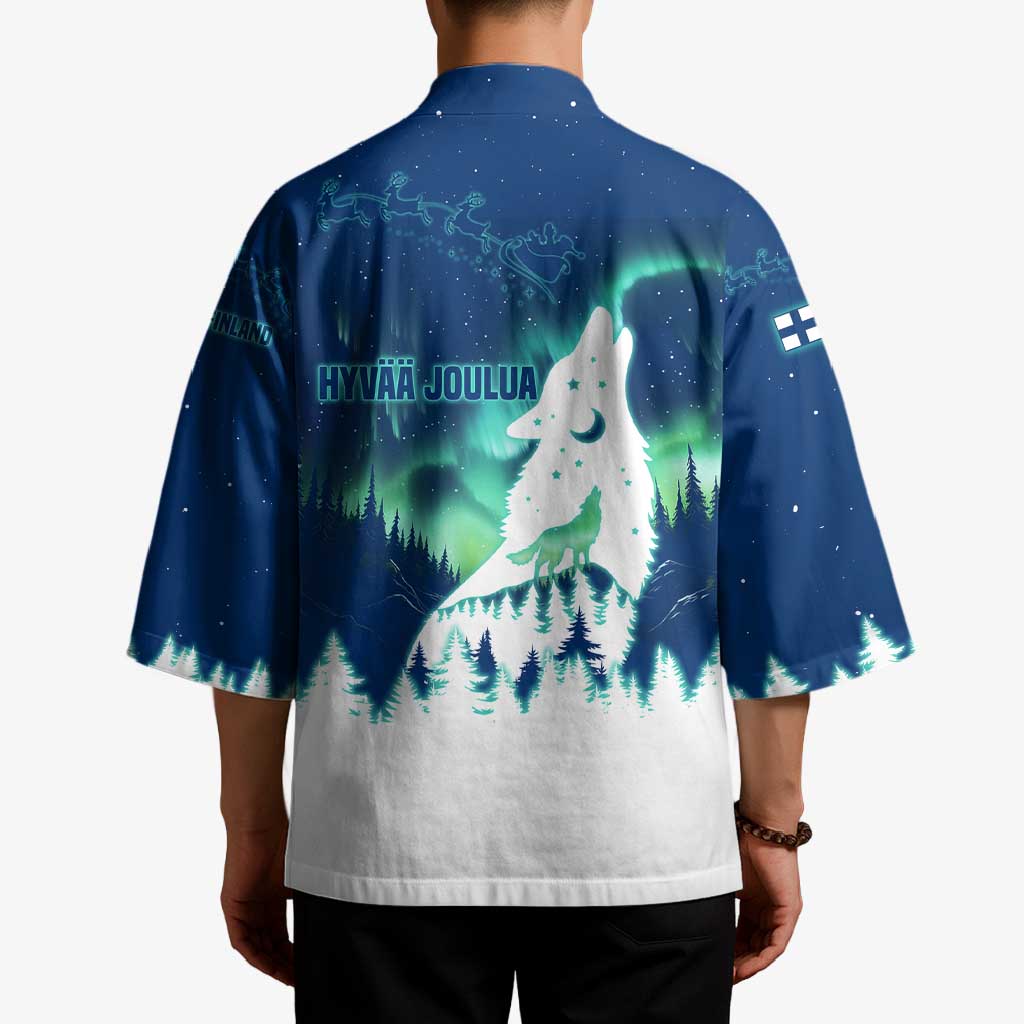 Finland Christmas Kimono with Howling Wolf Northern Lights Forest and Snow Design - Wonder Print Shop