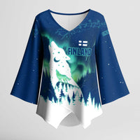 Finland Christmas Kimono Sleeve Blouse with Howling Wolf Northern Lights Forest and Snow Design - Wonder Print Shop