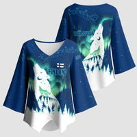Finland Christmas Kimono Sleeve Blouse with Howling Wolf Northern Lights Forest and Snow Design - Wonder Print Shop