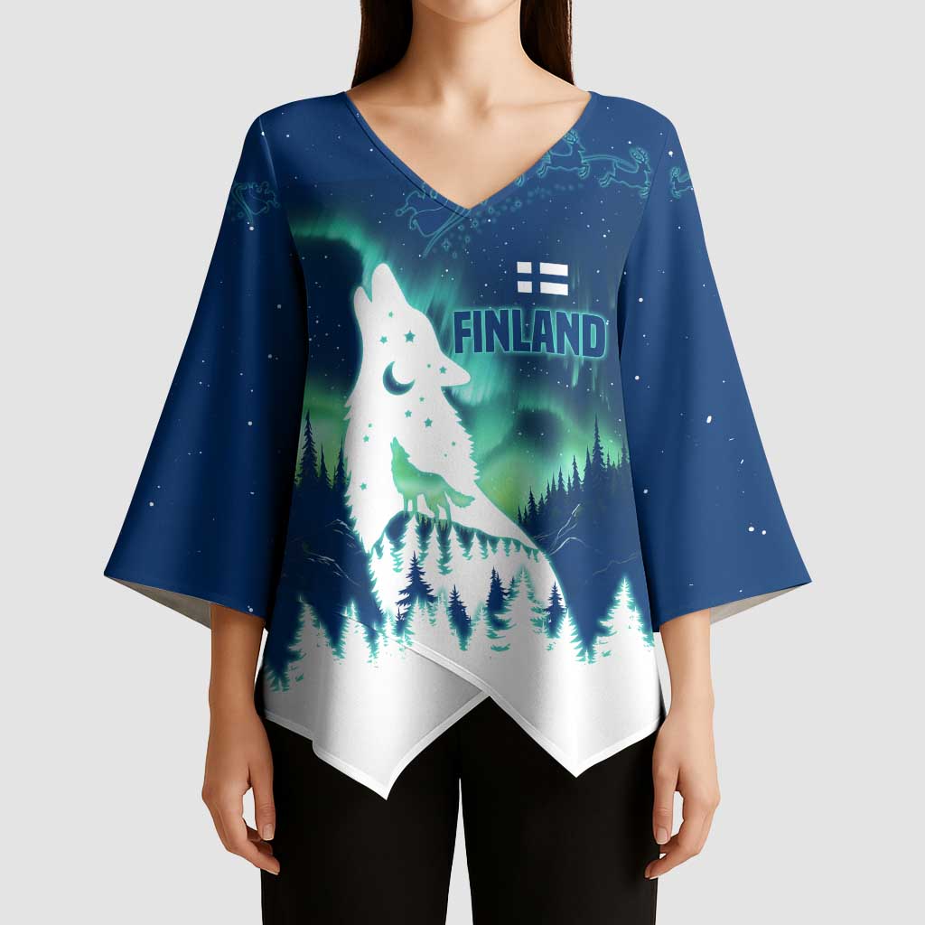 Finland Christmas Kimono Sleeve Blouse with Howling Wolf Northern Lights Forest and Snow Design - Wonder Print Shop
