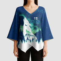Finland Christmas Kimono Sleeve Blouse with Howling Wolf Northern Lights Forest and Snow Design - Wonder Print Shop