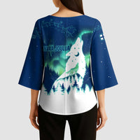 Finland Christmas Kimono Sleeve Blouse with Howling Wolf Northern Lights Forest and Snow Design - Wonder Print Shop