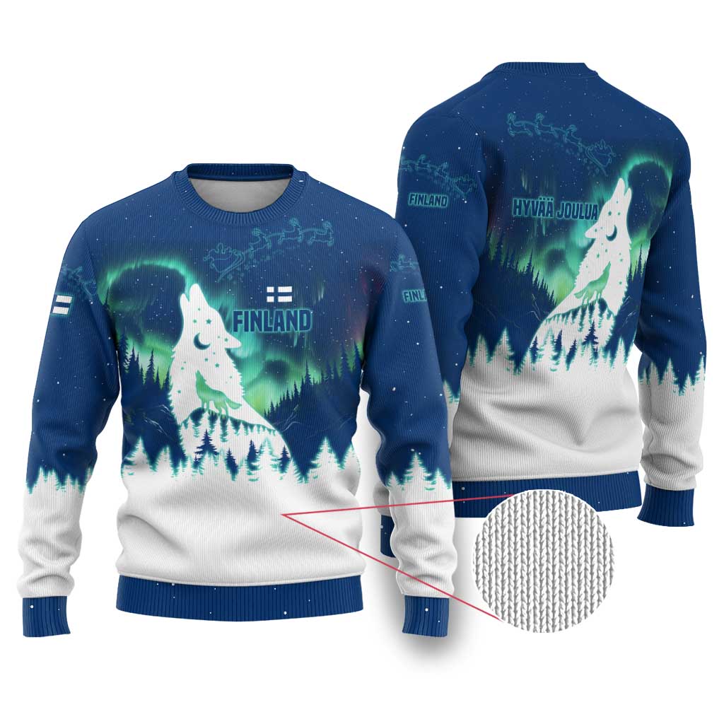 Finland Christmas Ugly Christmas Sweater with Howling Wolf Northern Lights Forest and Snow Design - Wonder Print Shop