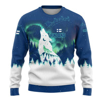 Finland Christmas Ugly Christmas Sweater with Howling Wolf Northern Lights Forest and Snow Design - Wonder Print Shop