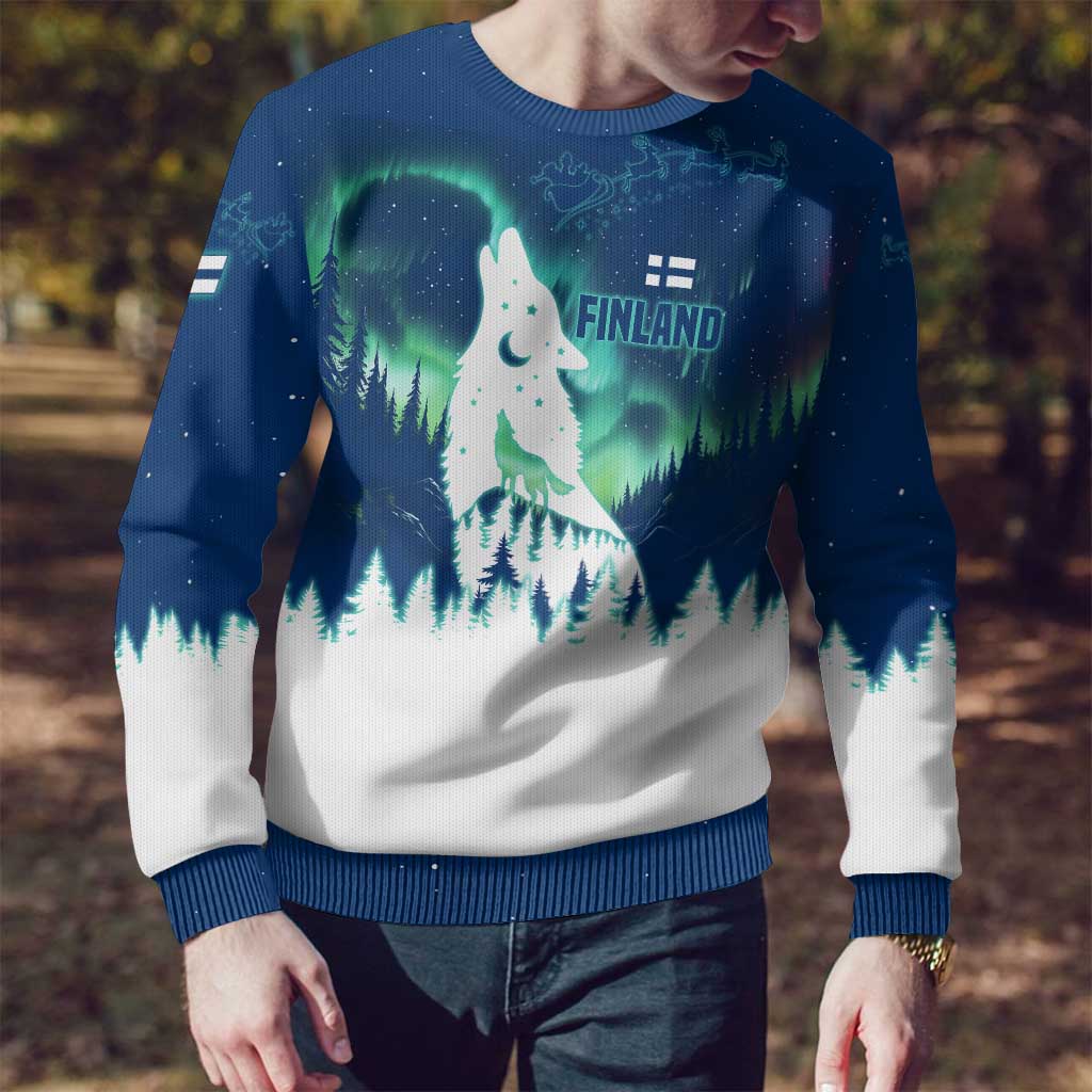 Finland Christmas Ugly Christmas Sweater with Howling Wolf Northern Lights Forest and Snow Design - Wonder Print Shop
