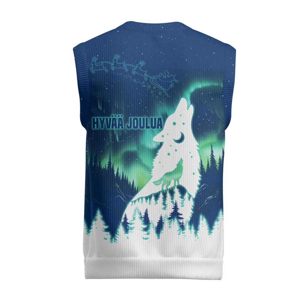 Finland Christmas Knitted V-Neck Vest with Howling Wolf Northern Lights Forest and Snow Design - Wonder Print Shop