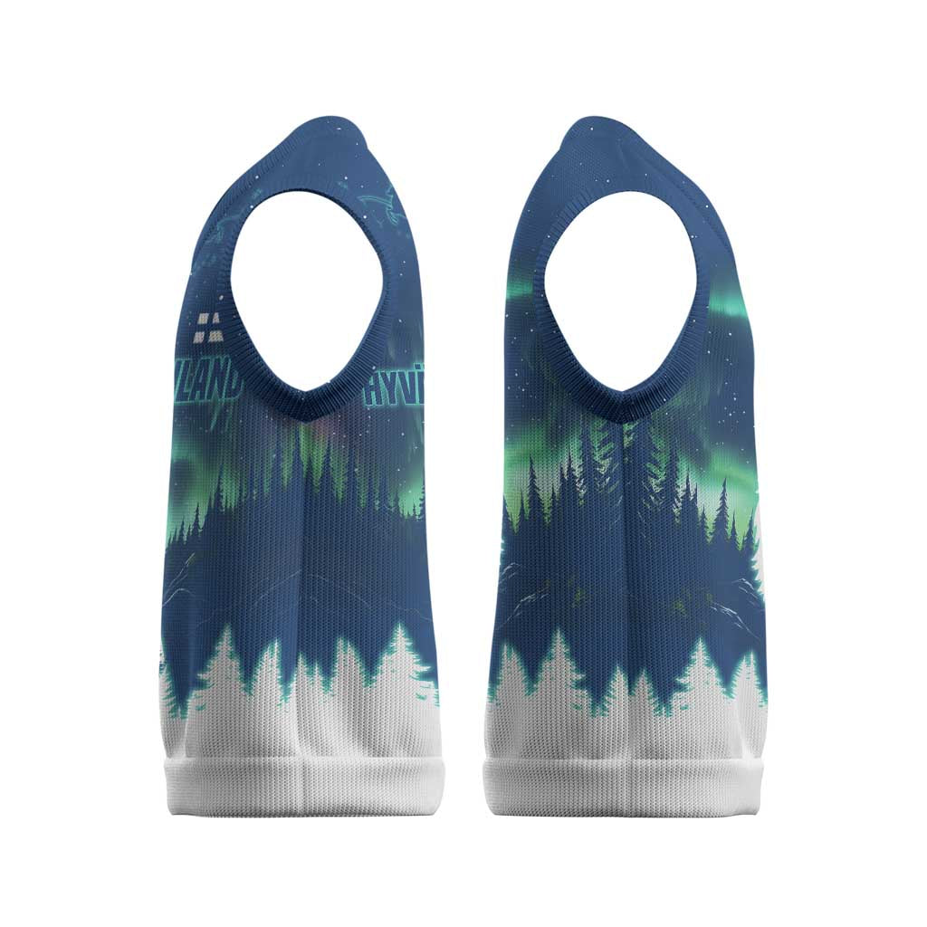 Finland Christmas Knitted V-Neck Vest with Howling Wolf Northern Lights Forest and Snow Design - Wonder Print Shop