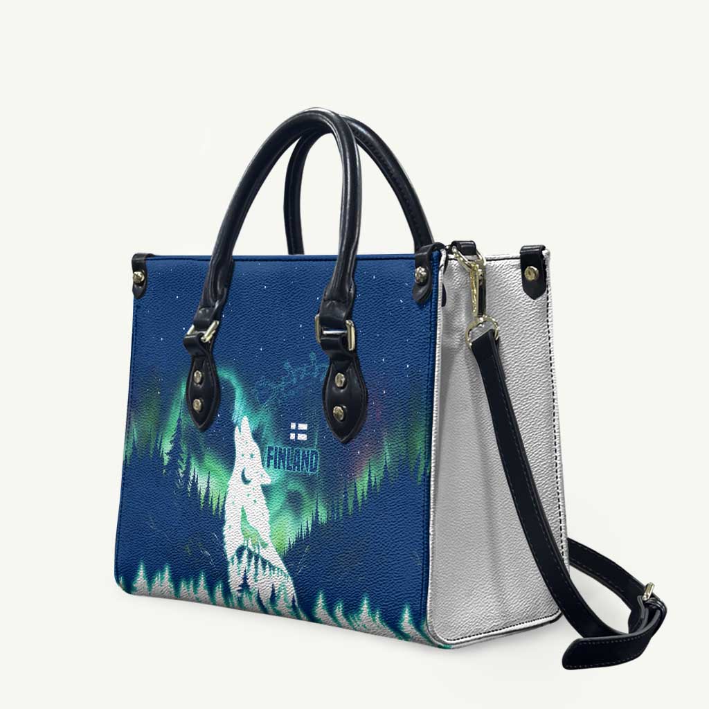 Finland Christmas Leather Bag with Howling Wolf Northern Lights Forest and Snow Design - Wonder Print Shop