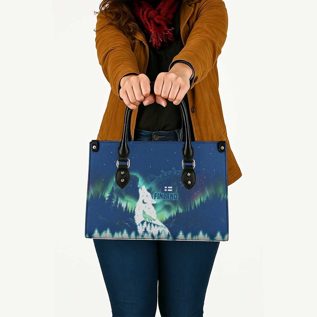 Finland Christmas Leather Bag with Howling Wolf Northern Lights Forest and Snow Design - Wonder Print Shop