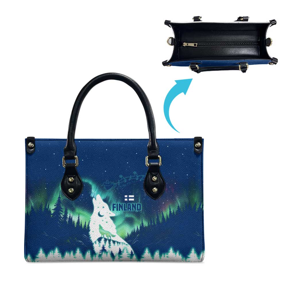 Finland Christmas Leather Bag with Howling Wolf Northern Lights Forest and Snow Design - Wonder Print Shop
