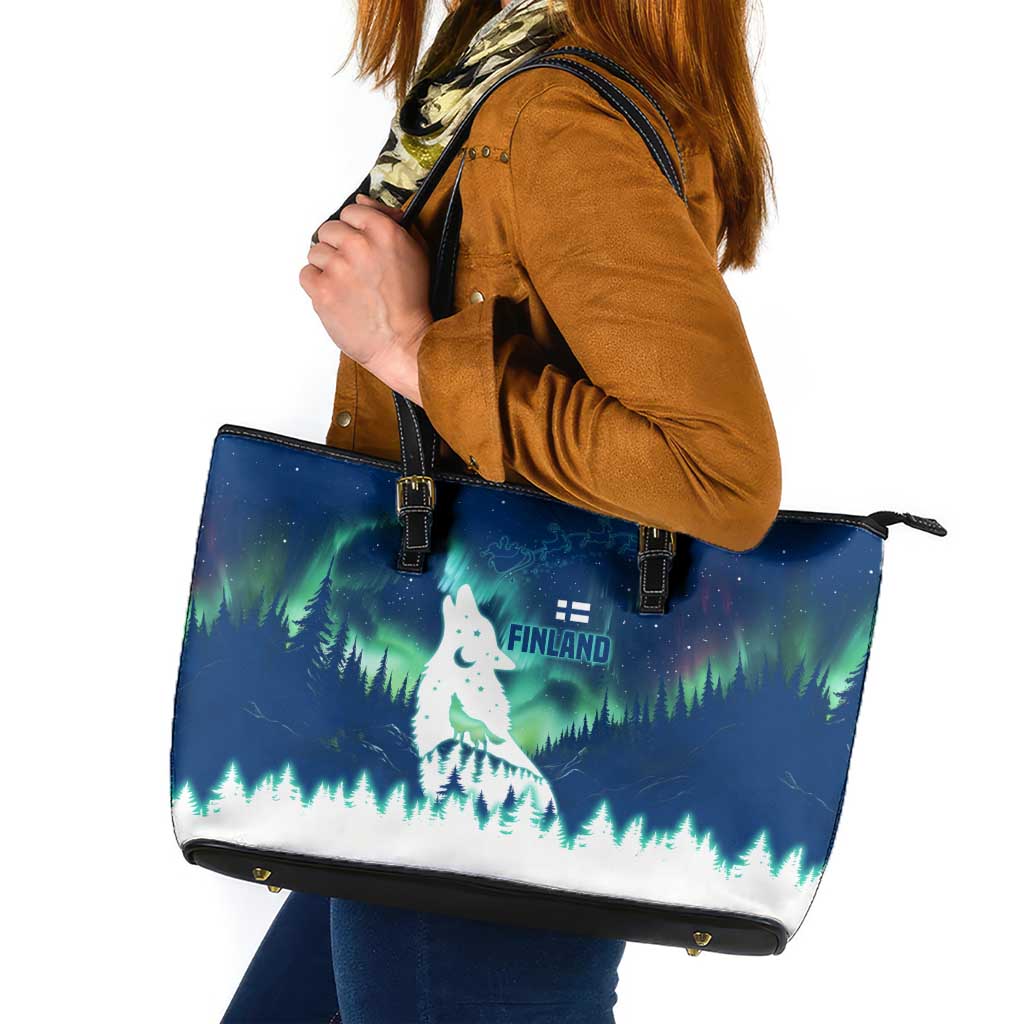 Finland Christmas Leather Tote Bag with Howling Wolf Northern Lights Forest and Snow Design - Wonder Print Shop