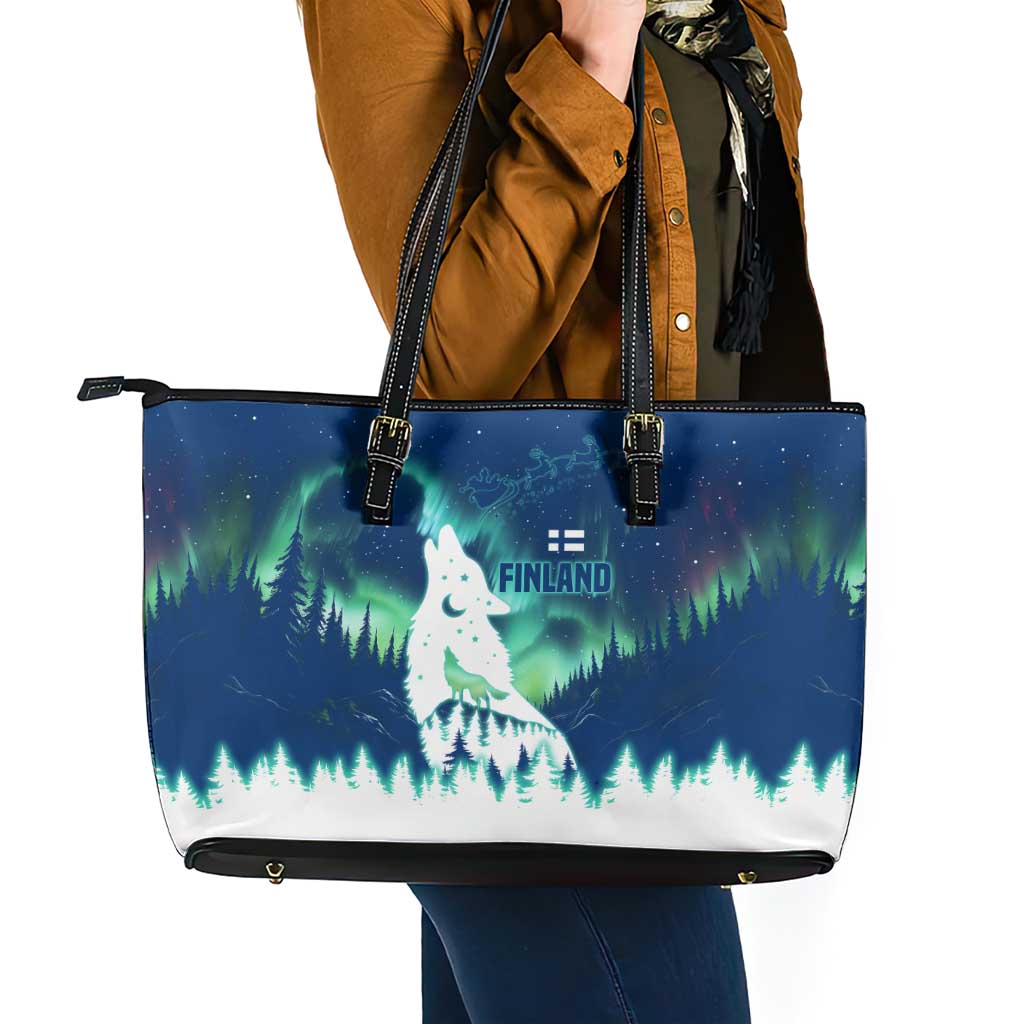 Finland Christmas Leather Tote Bag with Howling Wolf Northern Lights Forest and Snow Design - Wonder Print Shop