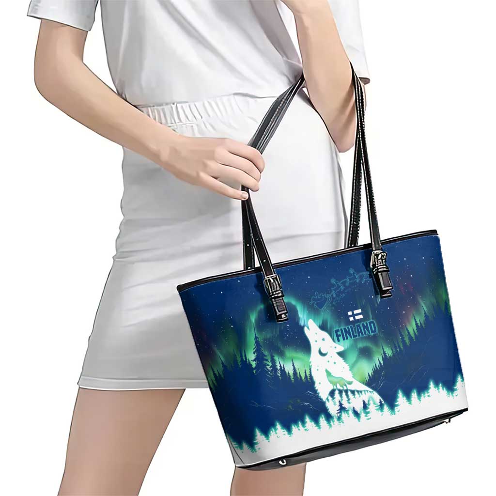Finland Christmas Leather Tote Bag with Howling Wolf Northern Lights Forest and Snow Design - Wonder Print Shop