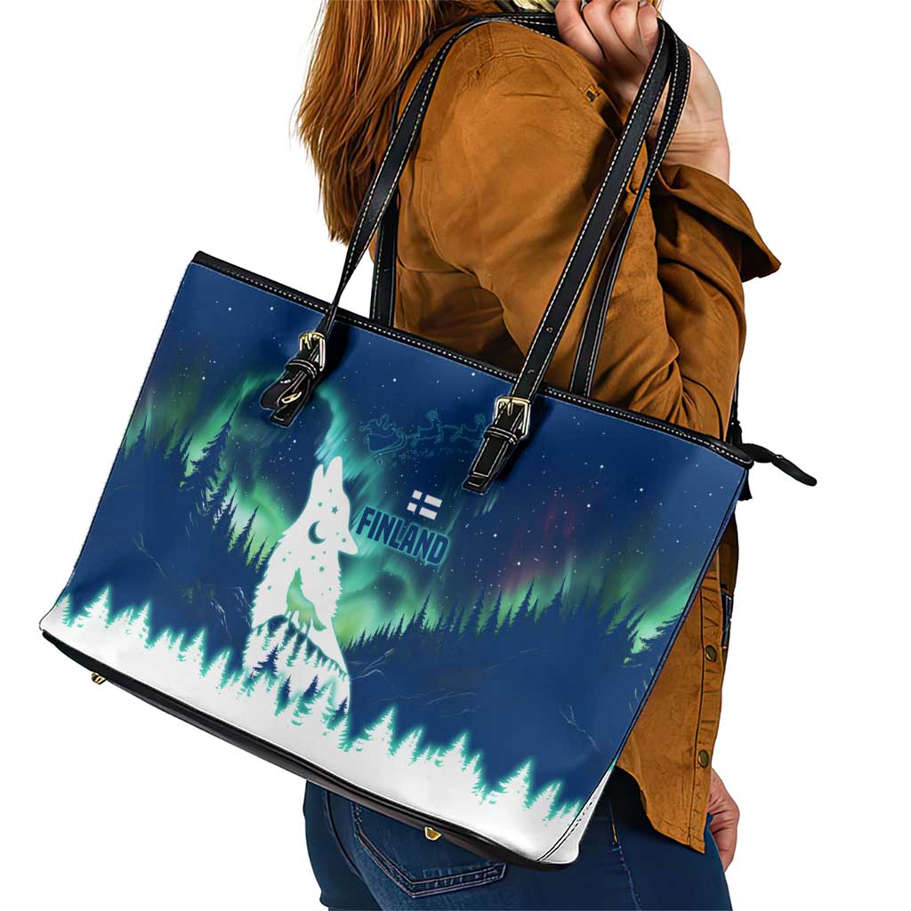 Finland Christmas Leather Tote Bag with Howling Wolf Northern Lights Forest and Snow Design - Wonder Print Shop