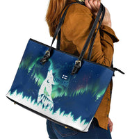 Finland Christmas Leather Tote Bag with Howling Wolf Northern Lights Forest and Snow Design - Wonder Print Shop