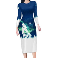 Finland Christmas Long Sleeve Bodycon Dress with Howling Wolf Northern Lights Forest and Snow Design - Wonder Print Shop