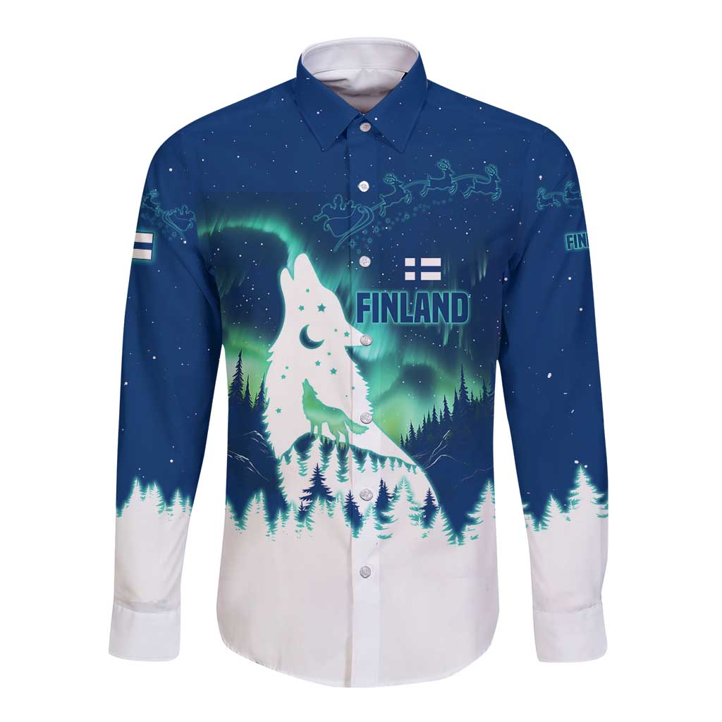 Finland Christmas Long Sleeve Button Shirt with Howling Wolf Northern Lights Forest and Snow Design - Wonder Print Shop