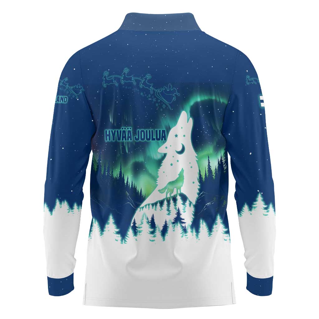 Finland Christmas Long Sleeve Polo Shirt with Howling Wolf Northern Lights Forest and Snow Design - Wonder Print Shop