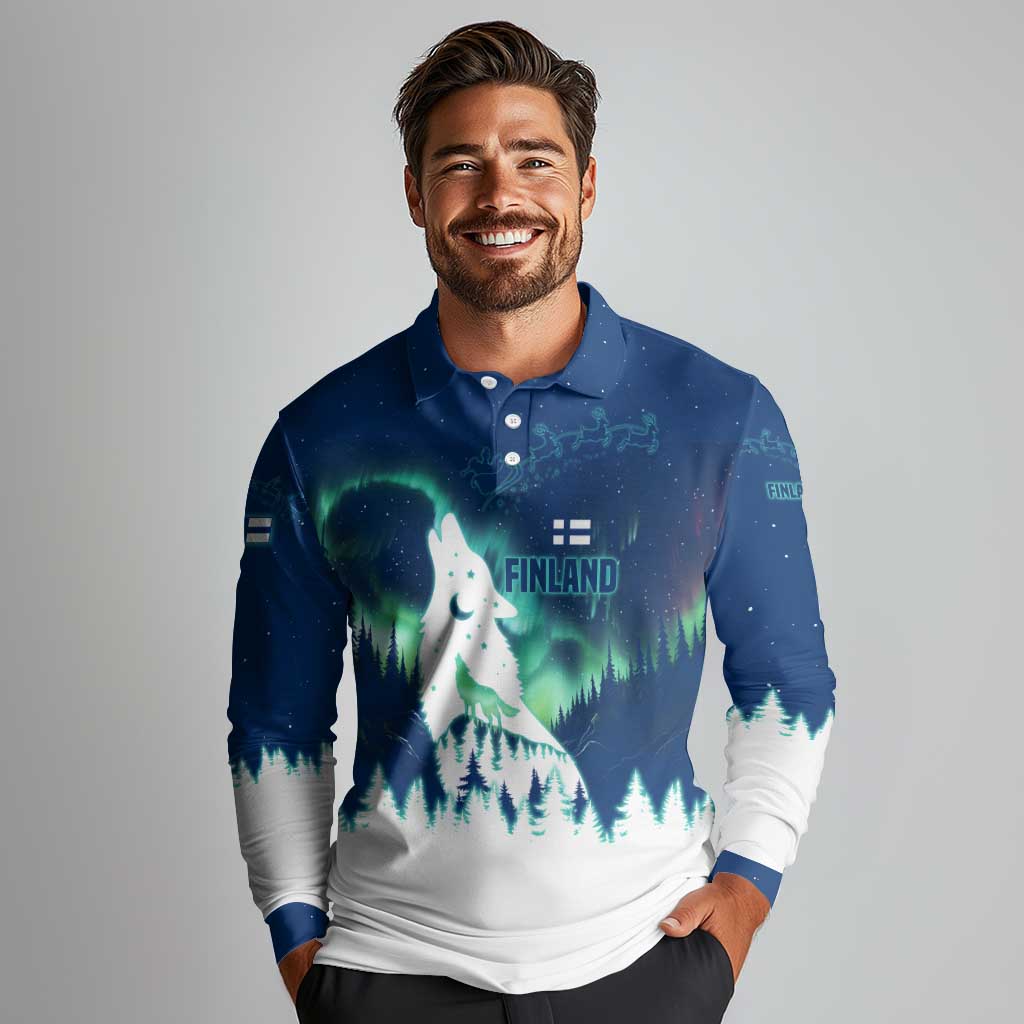 Finland Christmas Long Sleeve Polo Shirt with Howling Wolf Northern Lights Forest and Snow Design - Wonder Print Shop