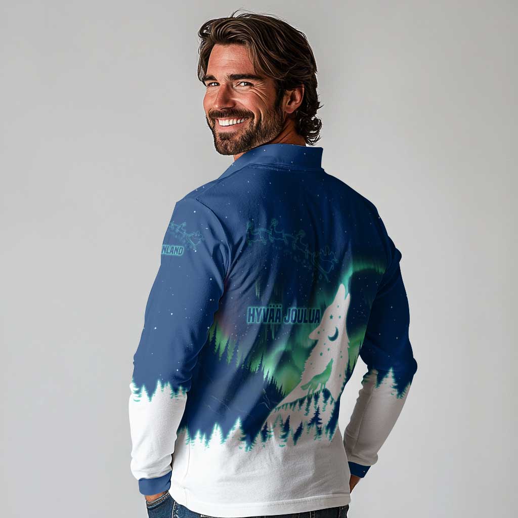Finland Christmas Long Sleeve Polo Shirt with Howling Wolf Northern Lights Forest and Snow Design - Wonder Print Shop