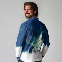 Finland Christmas Long Sleeve Polo Shirt with Howling Wolf Northern Lights Forest and Snow Design - Wonder Print Shop
