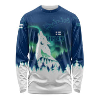 Finland Christmas Long Sleeve Shirt with Howling Wolf Northern Lights Forest and Snow Design - Wonder Print Shop