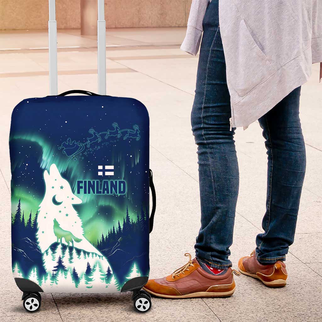 Finland Christmas Luggage Cover with Howling Wolf Northern Lights Forest and Snow Design - Wonder Print Shop