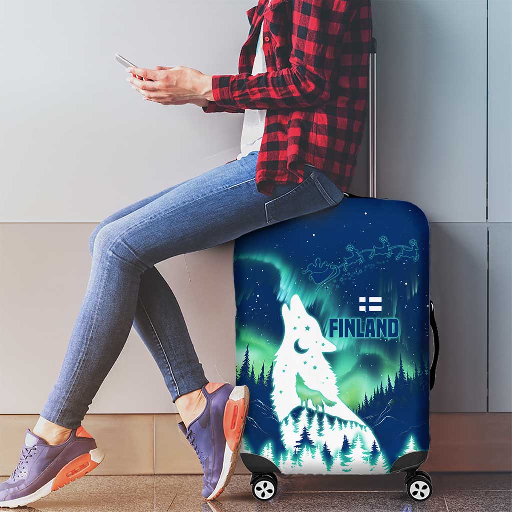 Finland Christmas Luggage Cover with Howling Wolf Northern Lights Forest and Snow Design - Wonder Print Shop