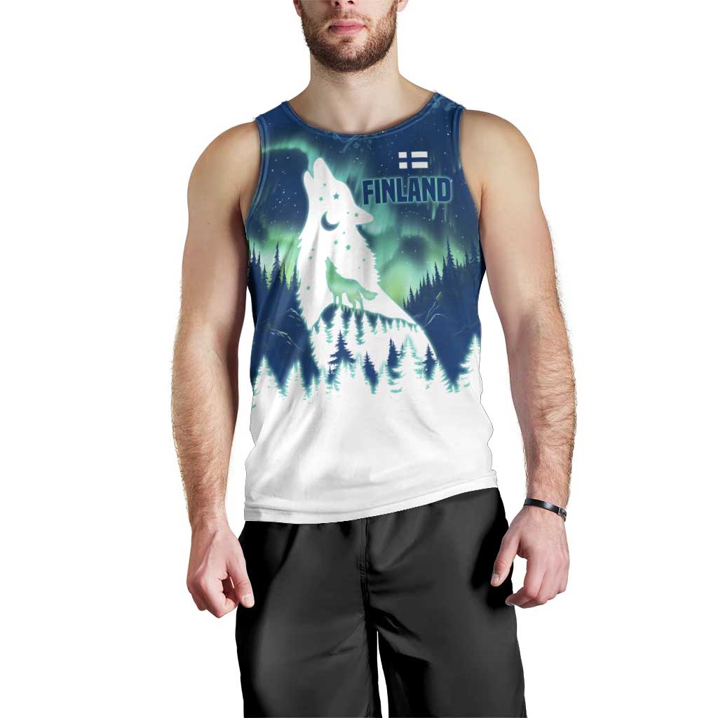 Finland Christmas Men Tank Top with Howling Wolf Northern Lights Forest and Snow Design - Wonder Print Shop