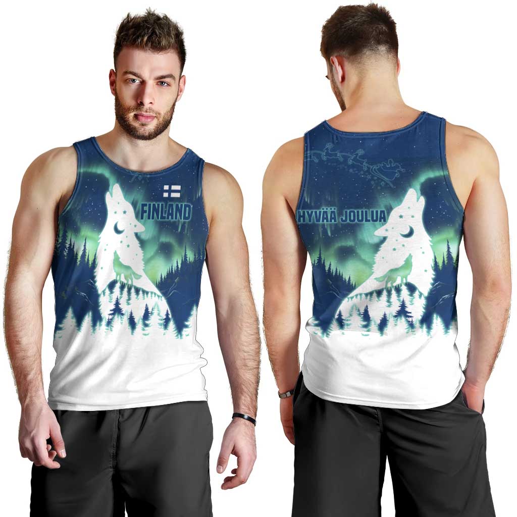 Finland Christmas Men Tank Top with Howling Wolf Northern Lights Forest and Snow Design - Wonder Print Shop
