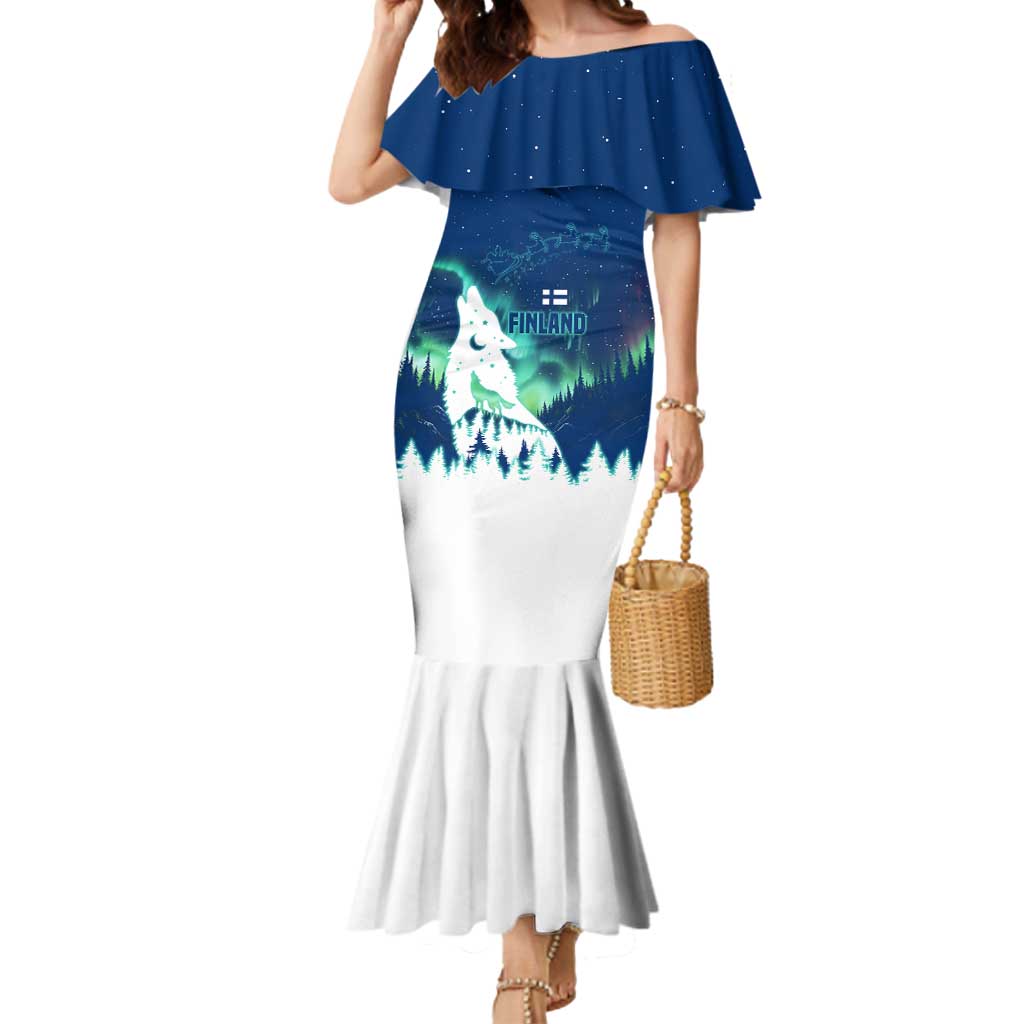 Finland Christmas Mermaid Dress with Howling Wolf Northern Lights Forest and Snow Design - Wonder Print Shop