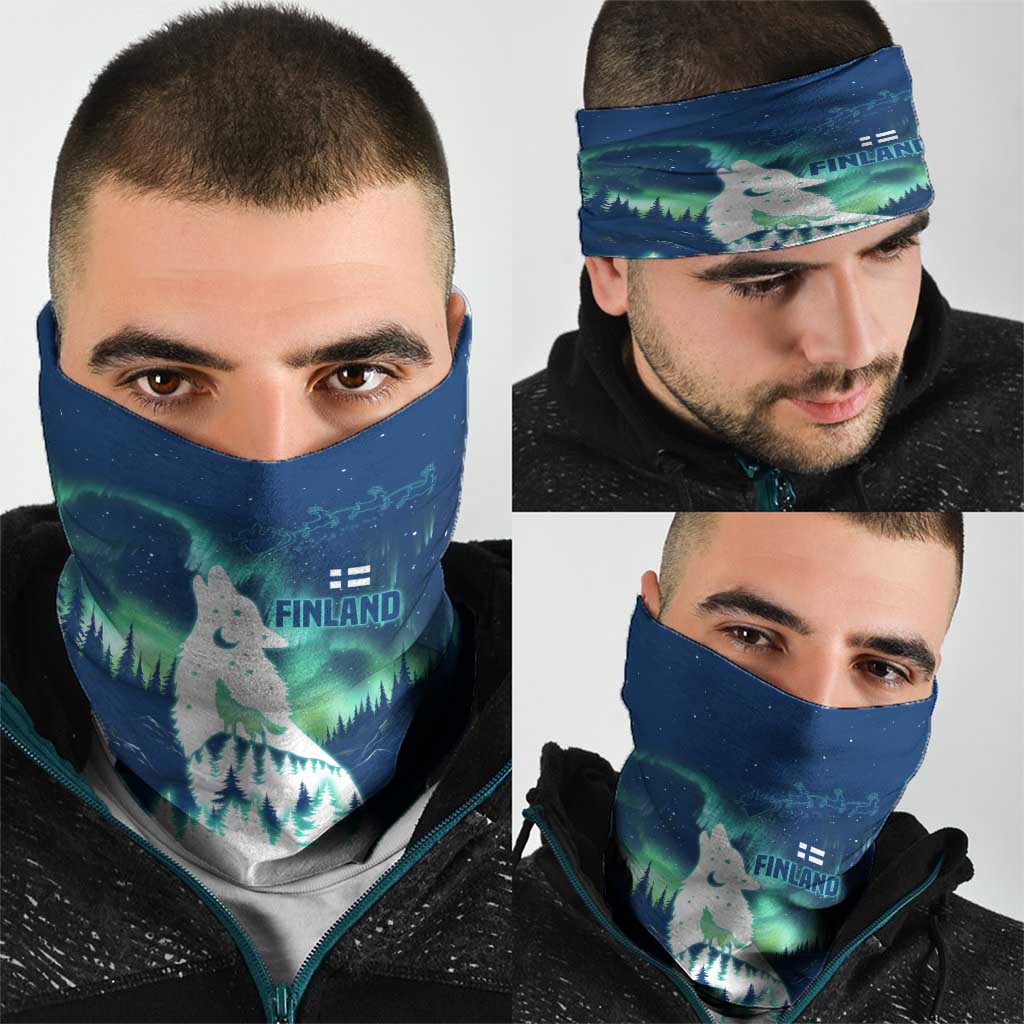 Finland Christmas Neck Gaiter with Howling Wolf Northern Lights Forest and Snow Design - Wonder Print Shop