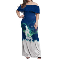 Finland Christmas Off Shoulder Maxi Dress with Howling Wolf Northern Lights Forest and Snow Design - Wonder Print Shop