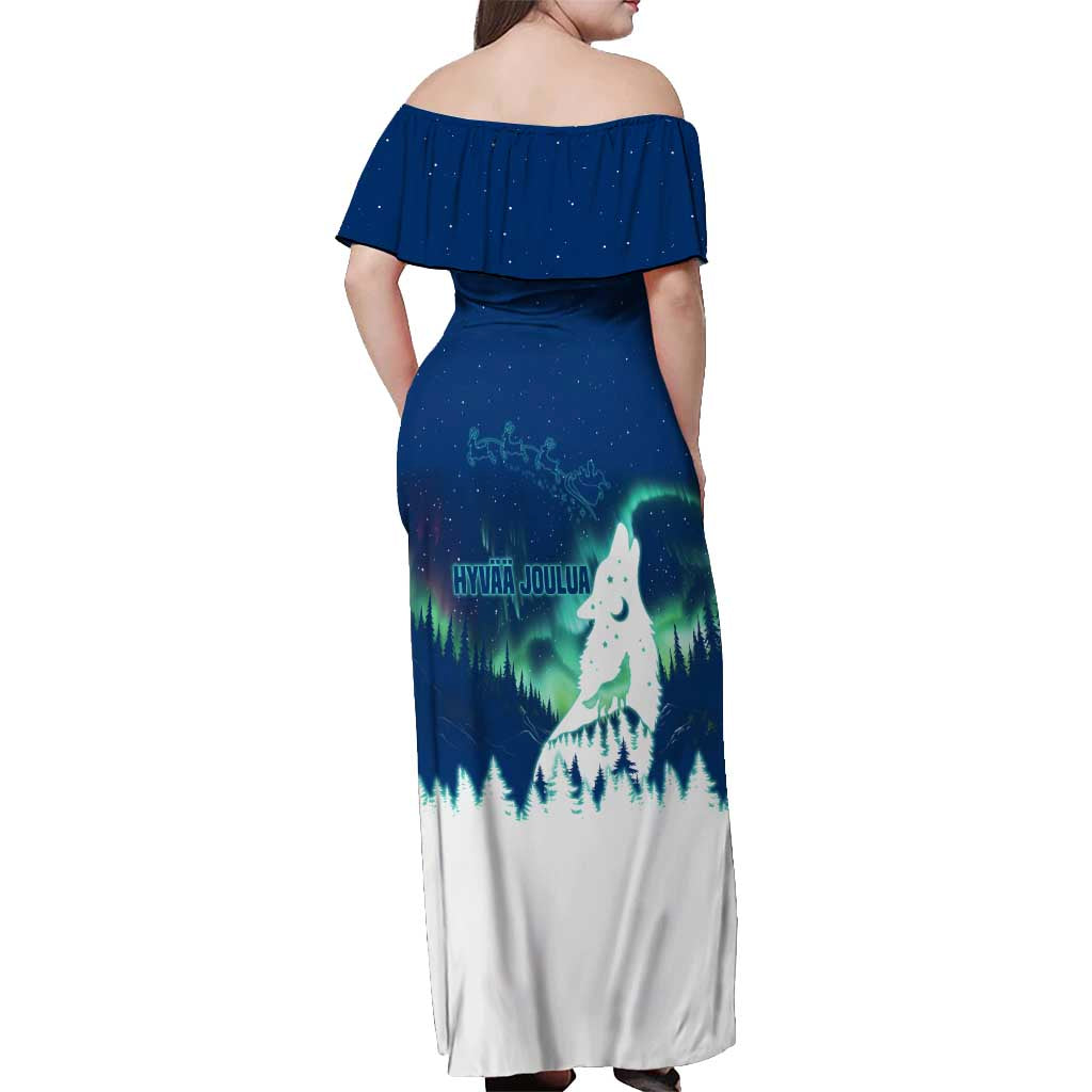 Finland Christmas Off Shoulder Maxi Dress with Howling Wolf Northern Lights Forest and Snow Design - Wonder Print Shop