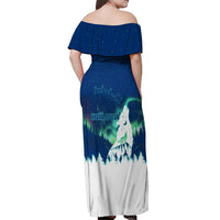 Finland Christmas Off Shoulder Maxi Dress with Howling Wolf Northern Lights Forest and Snow Design - Wonder Print Shop