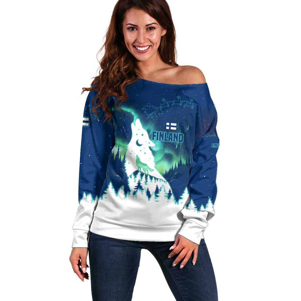 Finland Christmas Off Shoulder Sweater with Howling Wolf Northern Lights Forest and Snow Design - Wonder Print Shop