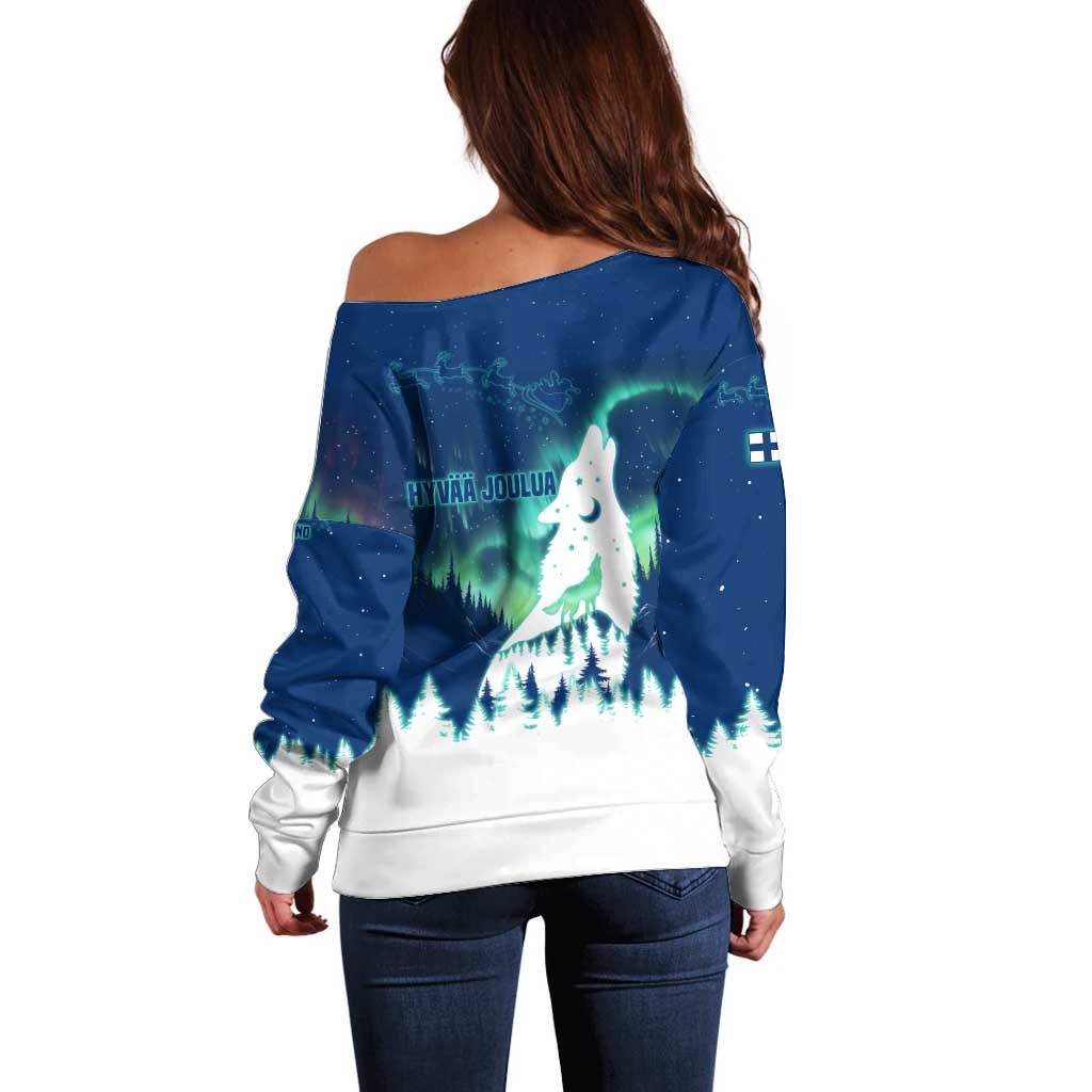 Finland Christmas Off Shoulder Sweater with Howling Wolf Northern Lights Forest and Snow Design - Wonder Print Shop