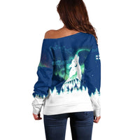 Finland Christmas Off Shoulder Sweater with Howling Wolf Northern Lights Forest and Snow Design - Wonder Print Shop