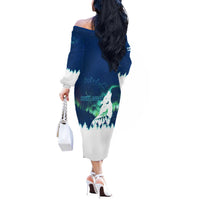 Finland Christmas Off The Shoulder Long Sleeve Dress with Howling Wolf Northern Lights Forest and Snow Design - Wonder Print Shop