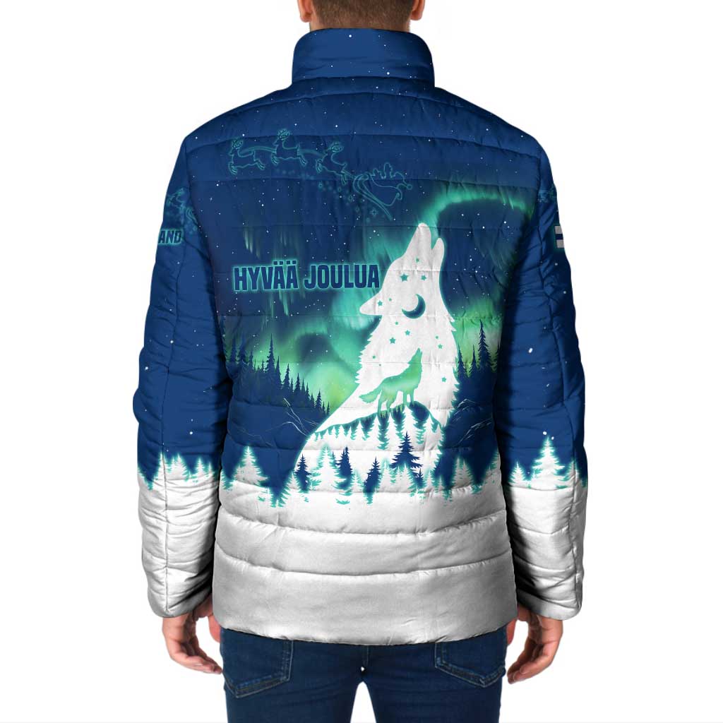 Finland Christmas Padded Jacket with Howling Wolf Northern Lights Forest and Snow Design - Wonder Print Shop