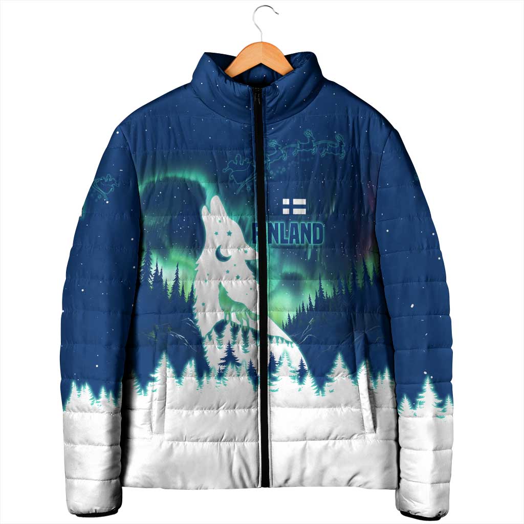 Finland Christmas Padded Jacket with Howling Wolf Northern Lights Forest and Snow Design - Wonder Print Shop