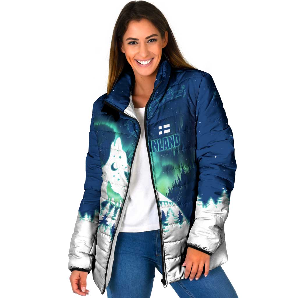 Finland Christmas Padded Jacket with Howling Wolf Northern Lights Forest and Snow Design - Wonder Print Shop