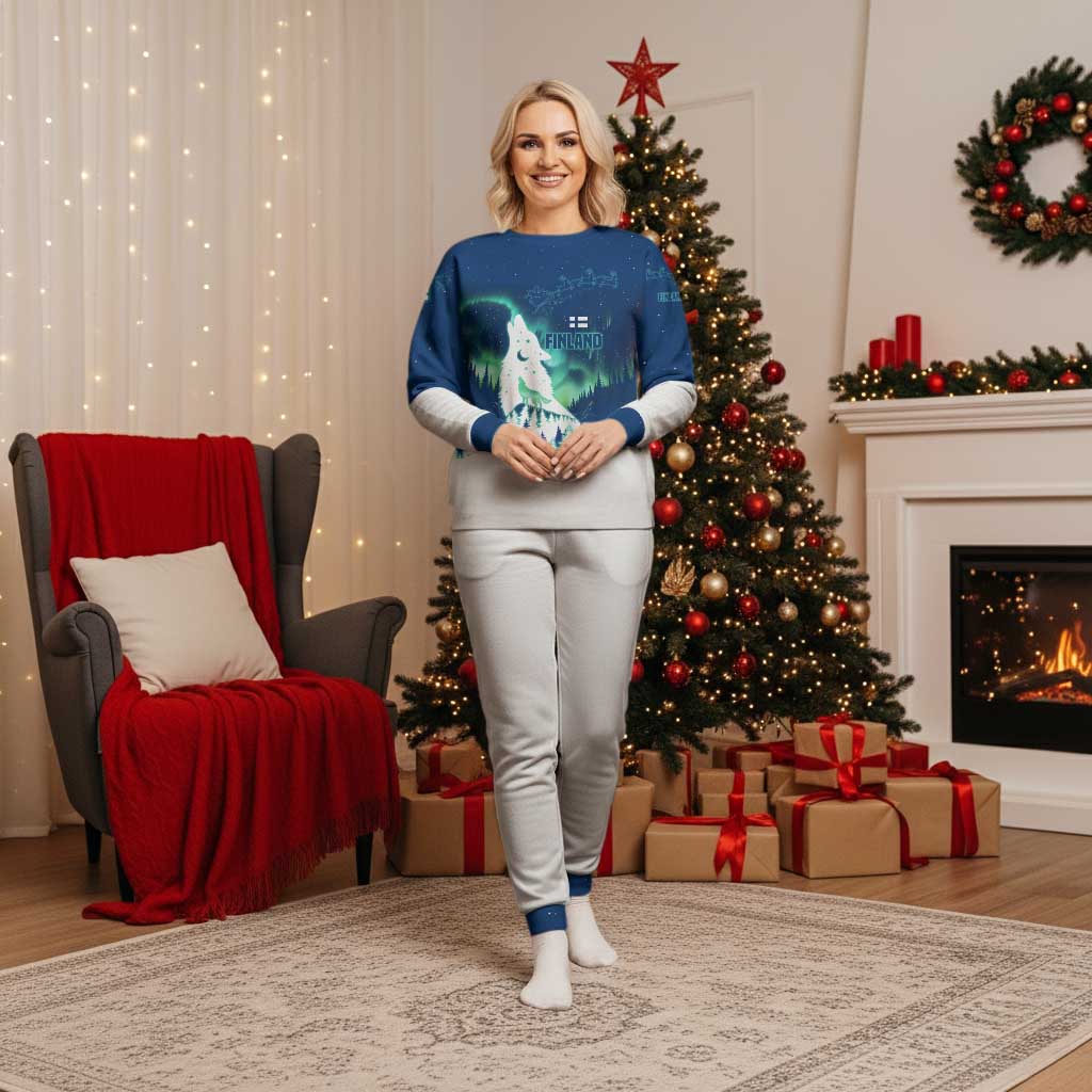 Finland Christmas Pajama Set with Howling Wolf Northern Lights Forest and Snow Design - Wonder Print Shop
