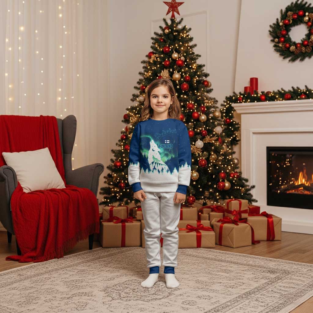 Finland Christmas Pajama Set with Howling Wolf Northern Lights Forest and Snow Design - Wonder Print Shop