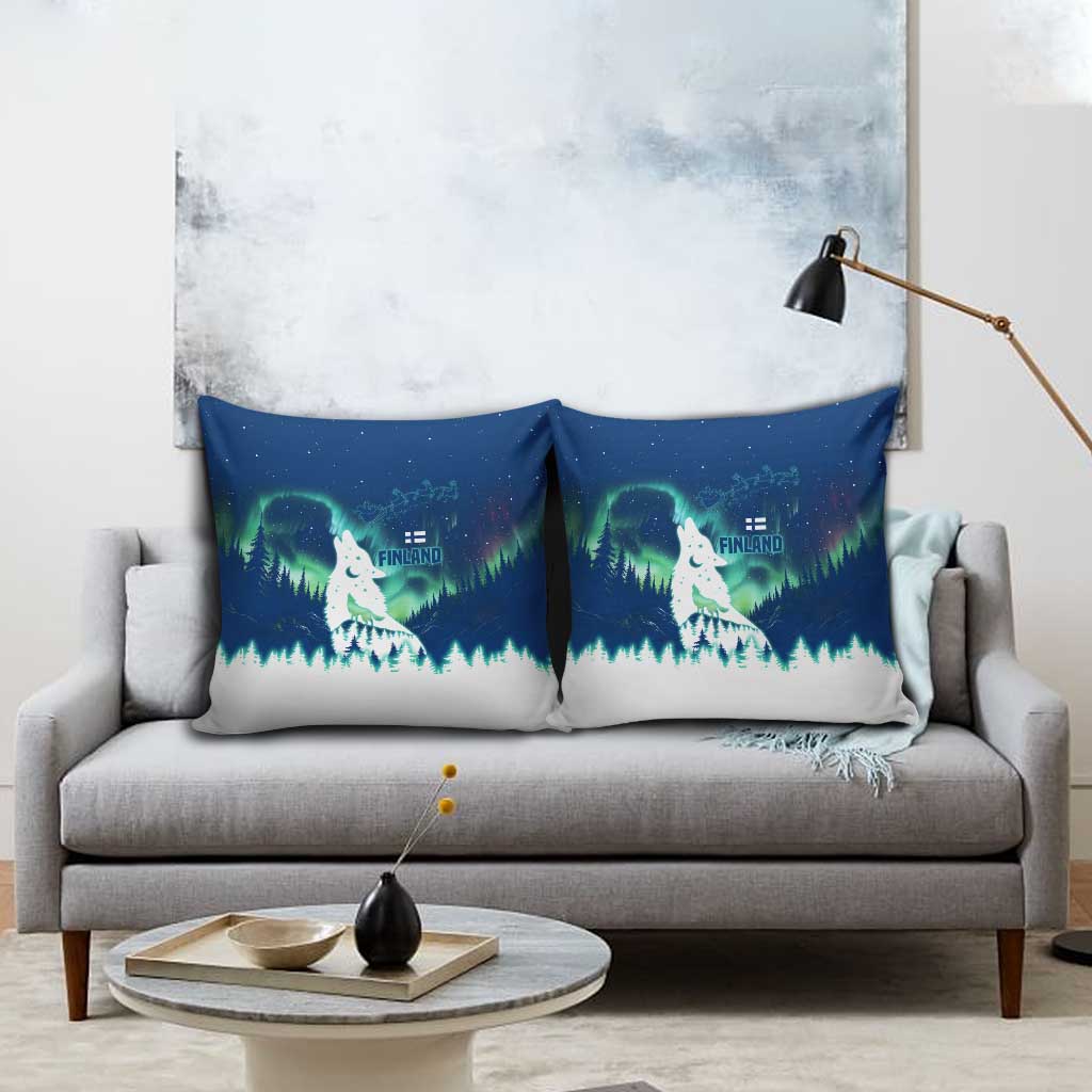 Finland Christmas Pillow Cover with Howling Wolf Northern Lights Forest and Snow Design - Wonder Print Shop