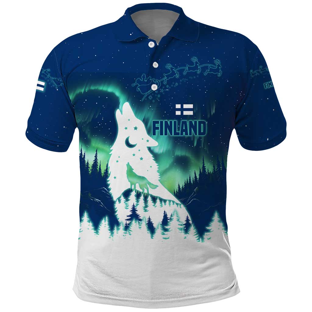 Finland Christmas Polo Shirt with Howling Wolf Northern Lights Forest and Snow Design - Wonder Print Shop